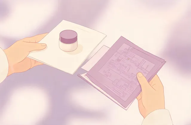 Illustration of a face cream specification sheet handing off to a quotation folder